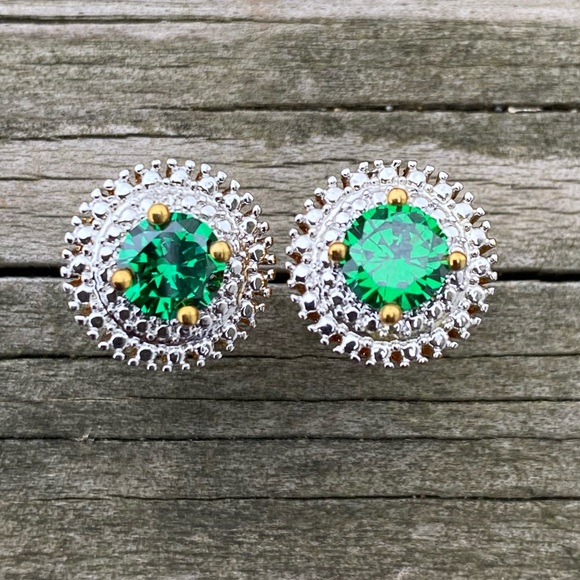 Emerald CZ drop earrings converts to studs or dangle halo gold tone - Picture 6 of 14